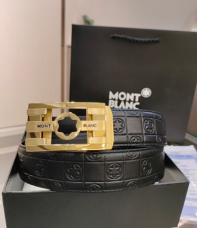 1:1  Montblanc  Black Leather Belt with Gold Logo Buckle Unique Design Buckle  3.4cm